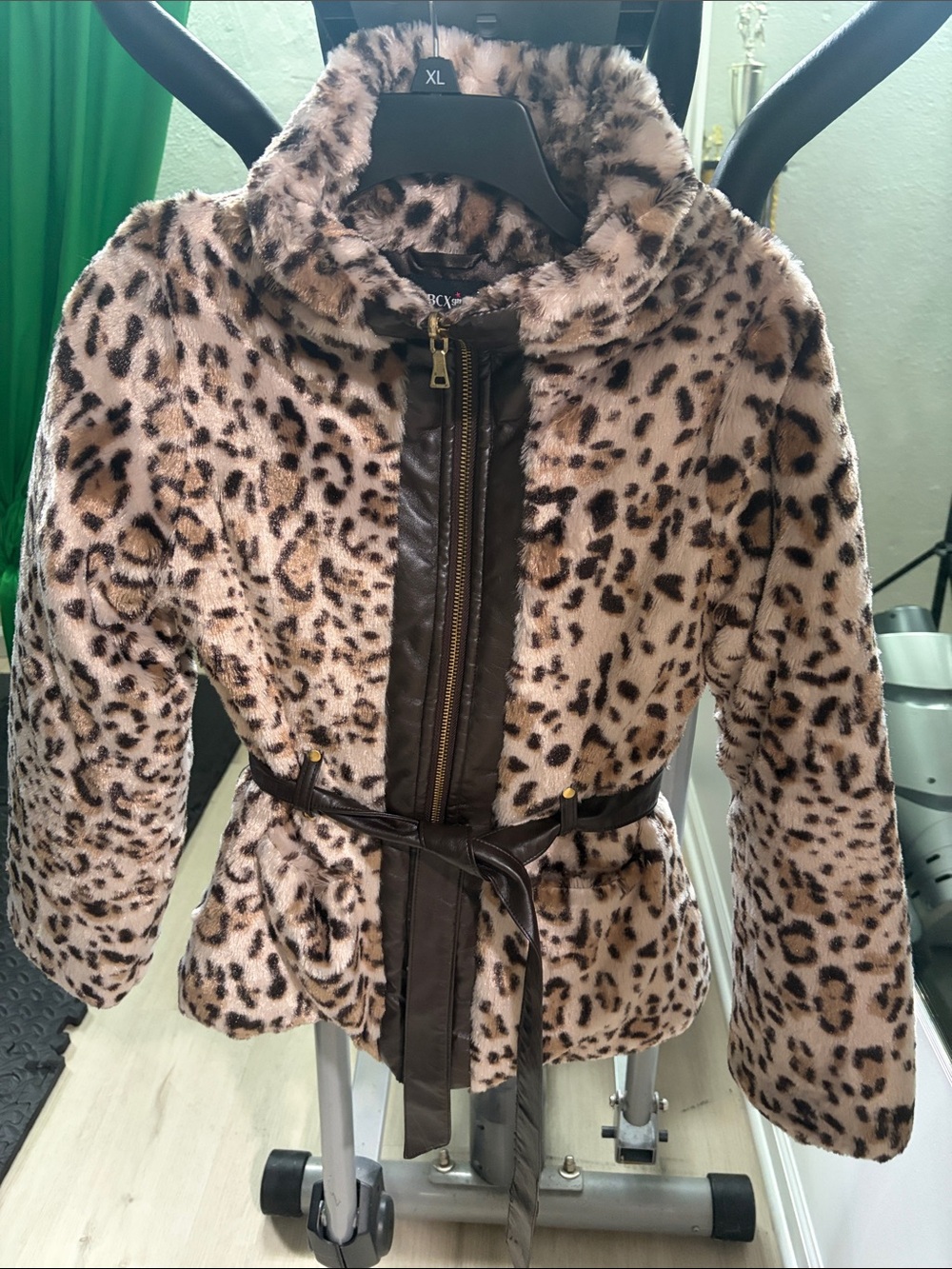 BCX Girl Fur Leopard Print Faux Fur Kids Jacket with Brown Trim